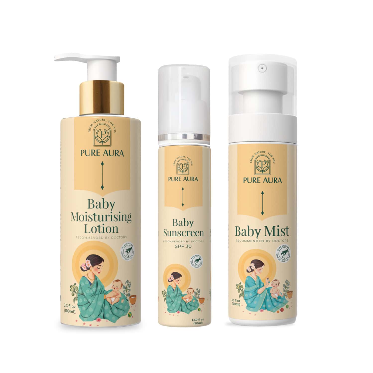 Pureaura Baby Summer Protection Bundle Ayurvedic Sunscreen| Cooling Mist & Moisturizing Lotion Combo