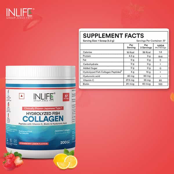 Inlife Japanese Marine Collagen Supplements For Women & Men (Strawberry | Fish Collagen | 200G)