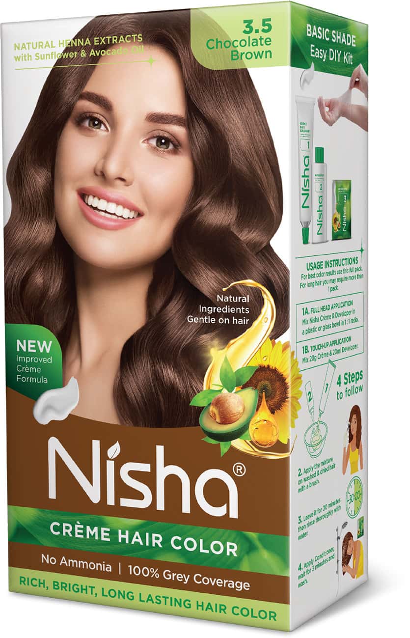 Nisha Creme Hair Color 3.5 Chocolate Brown (60gm+60ml+18ml) | Ammonia Free Permanent Hair Color