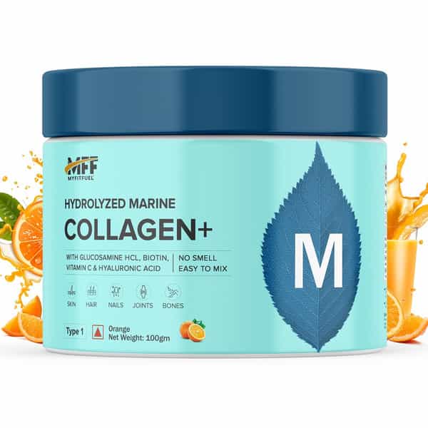 Myfitfuel Hydrolyzed Marine Collagen +Glucosamine | Hyaluronic | Biotin | Vitamin C (100Gm | Orange)