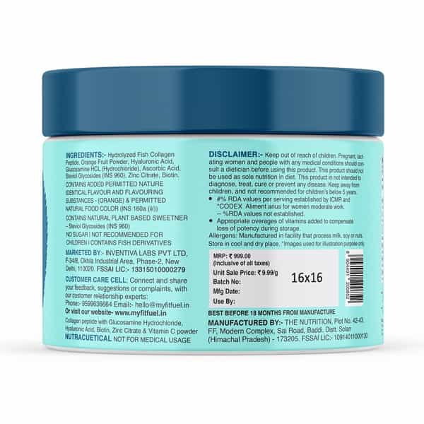 Myfitfuel Hydrolyzed Marine Collagen +Glucosamine | Hyaluronic | Biotin | Vitamin C (100Gm | Orange)