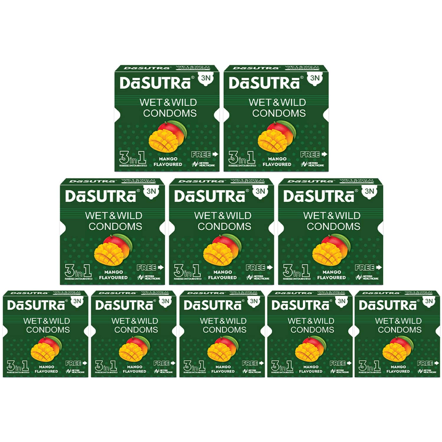 Dasutra Wet & Wild Condoms - 3'S Pack Lubricated Ribbed And Dotted -Mango Flavour - Pack Of 10