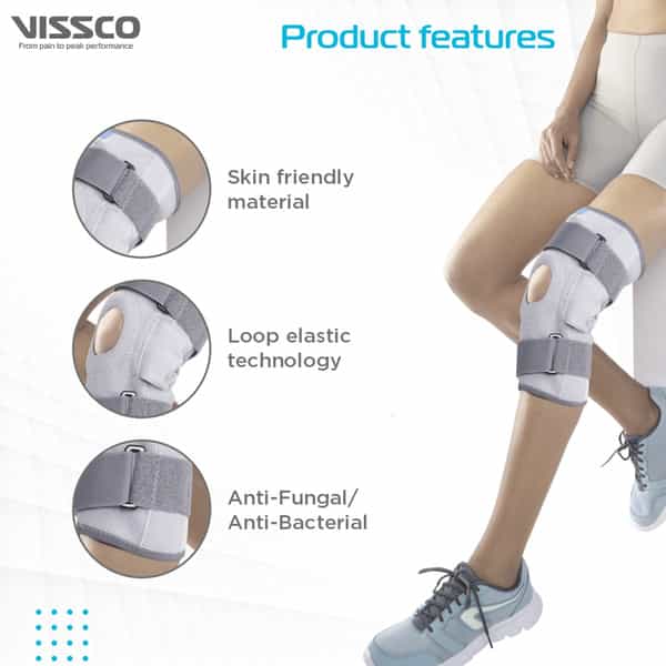 Vissco Stretchable Hinged Elastic With Open Patella To Provide Pain Relief-Large-Grey(Single Piece)