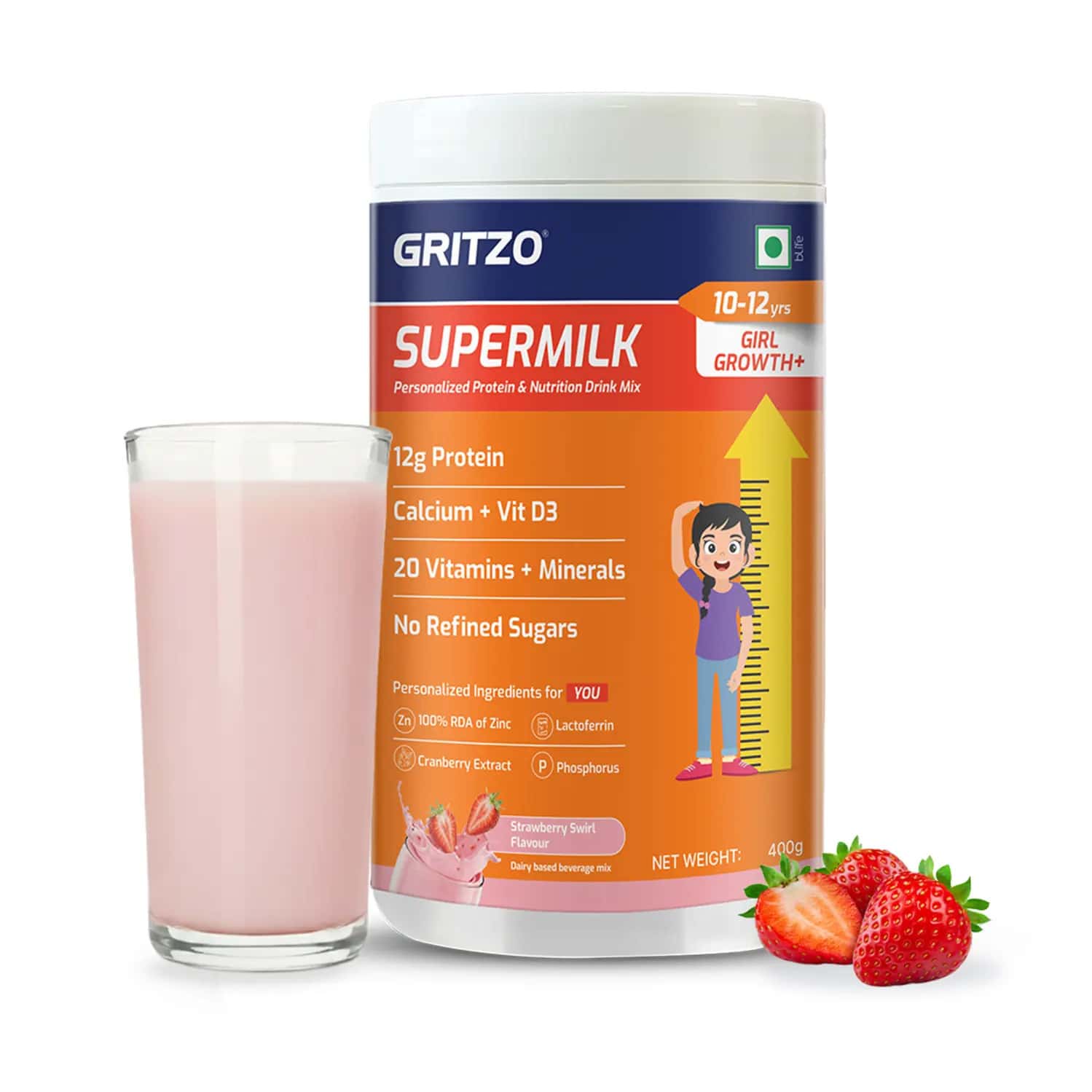 Gritzo Supermilk Growth+ (10-12y Girls) | 12g Protein (strawberry Swirl | 400g)