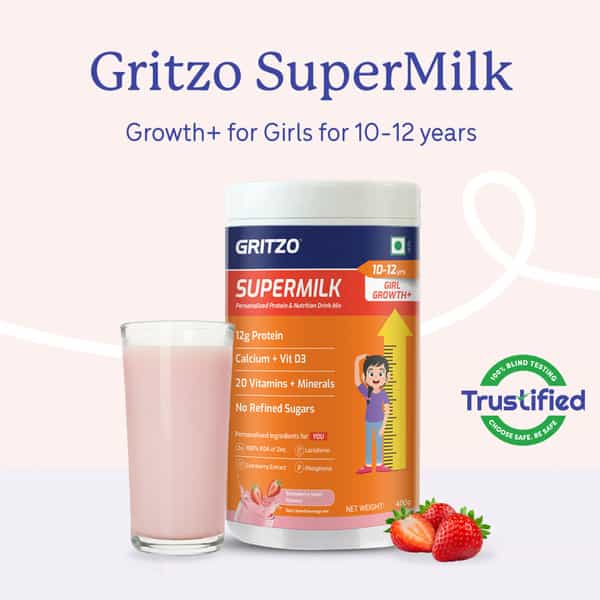 Gritzo Supermilk Growth+ (10-12Y Girls) | 12G Protein (Strawberry Swirl | 400G)