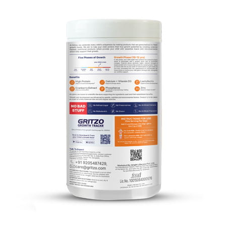 Gritzo Supermilk Growth+ (10-12Y Girls) | 12G Protein (Strawberry Swirl | 400G)