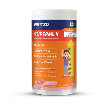 Gritzo Supermilk Growth+ (10-12Y Girls) | 12G Protein (Strawberry Swirl | 400G)