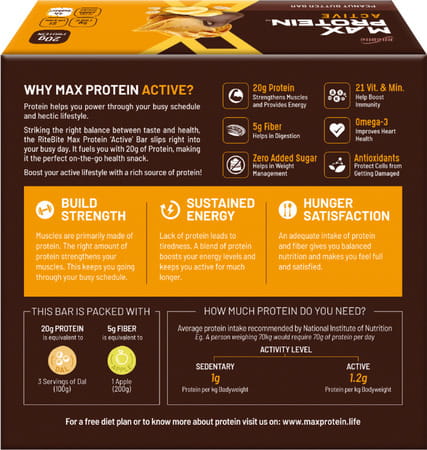 Ritebite Max Protein Active Peanut Butter Bars 420g - Pack Of 6 (70g X 6)