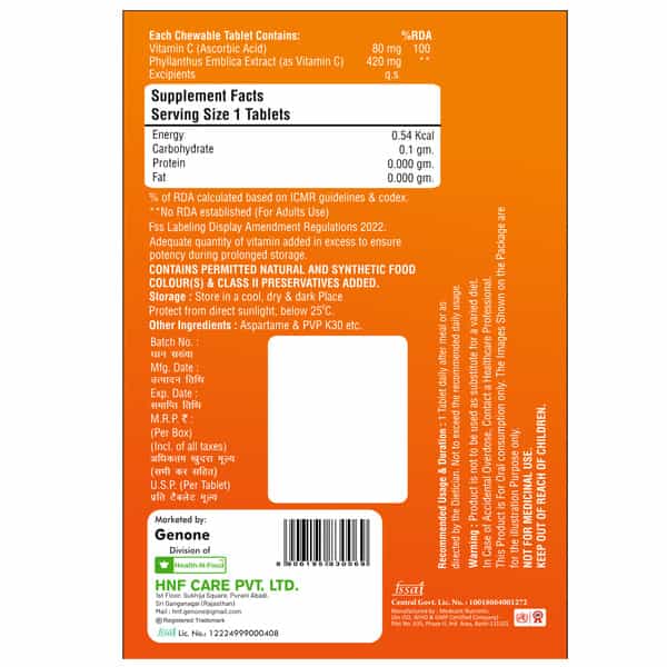 Genone C-Gen 500 Chewable Natural Vitamin C|Limcee Tangy Orange|Boost Immunity|Antioxidant|60 N