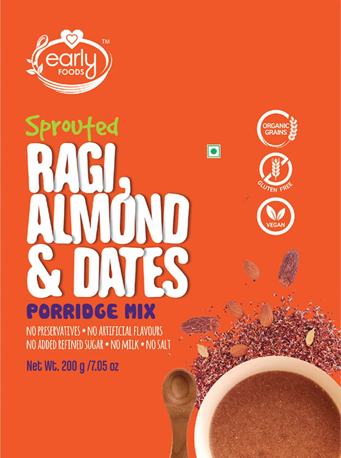 Buy EARLY FOODS SPROUTED RAGI ALMOND & DATE PORRIDGE MIX 200G Online