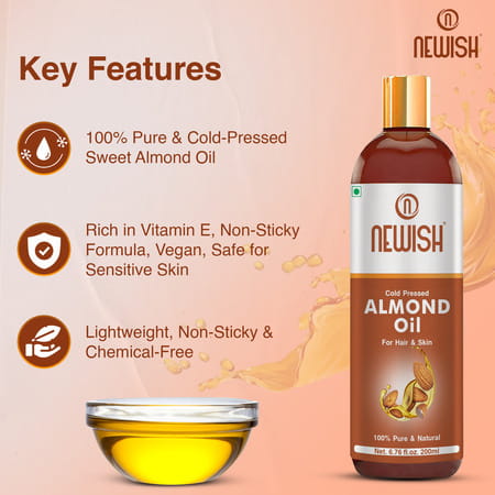 Newish Badam Rogan Oil | Sweet Almond Oil For Hair Body And Skin Unrefined 200ml ( Pack Of 2)