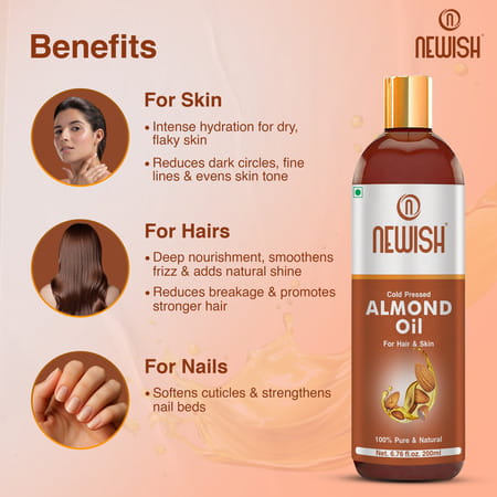 Newish Badam Rogan Oil | Sweet Almond Oil For Hair Body And Skin Unrefined 200ml ( Pack Of 2)