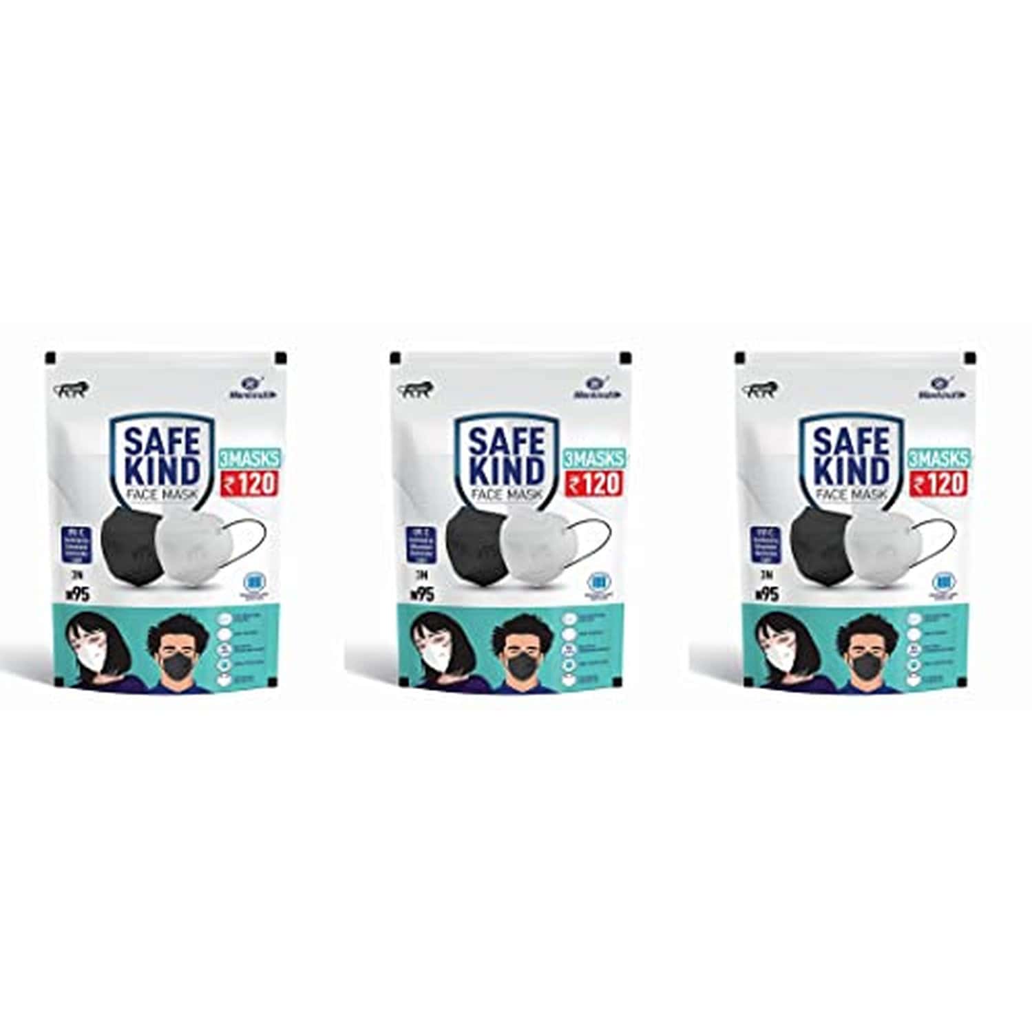 Safekind N95 Face Masks With 5 Layer Protection (2 Black + 1 White) Pack Of 3