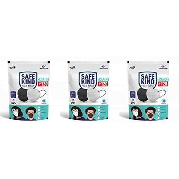 Safekind N95 Face Masks With 5 Layer Protection (2 Black + 1 White) Pack Of 3