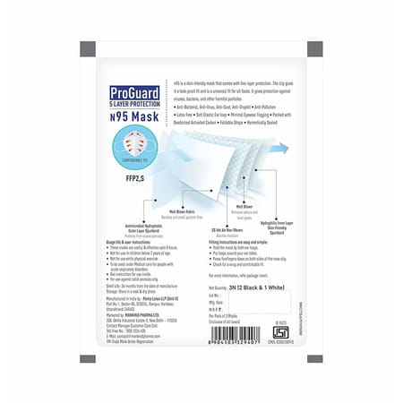 Safekind N95 Face Masks With 5 Layer Protection (2 Black + 1 White) Pack Of 3