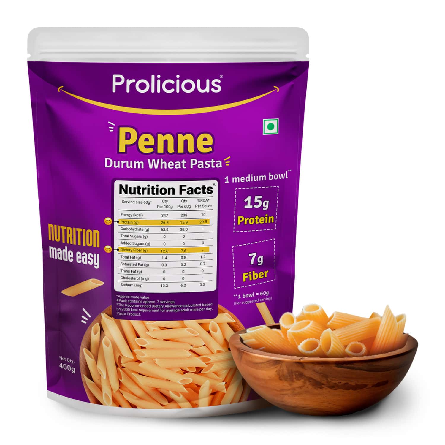 Prolicious Durum Wheat Penne Pasta | High Protein & High Fiber | No Maida | 400g