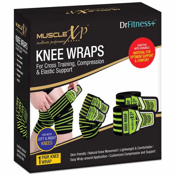Musclexp Drfitness+ Knee Wraps For Cross Training Lightweight & Comfortable (Black & Green) 1 Pair