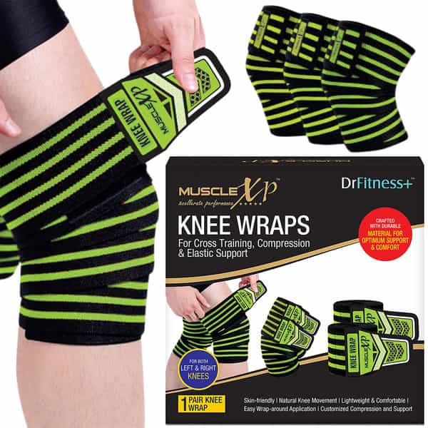 Musclexp Drfitness+ Knee Wraps For Cross Training Lightweight & Comfortable (Black & Green) 1 Pair