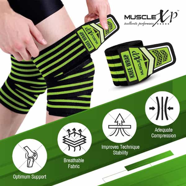 Musclexp Drfitness+ Knee Wraps For Cross Training Lightweight & Comfortable (Black & Green) 1 Pair