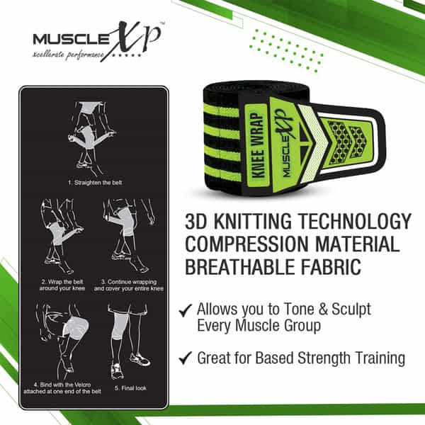 Musclexp Drfitness+ Knee Wraps For Cross Training Lightweight & Comfortable (Black & Green) 1 Pair