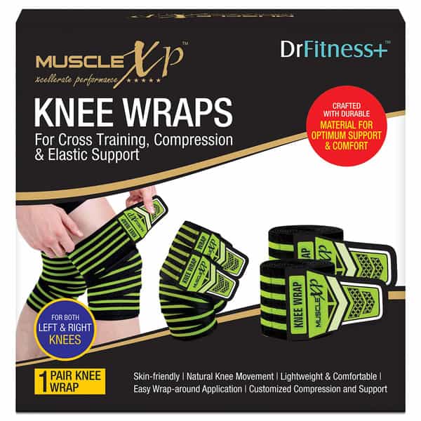 Musclexp Drfitness+ Knee Wraps For Cross Training Lightweight & Comfortable (Black & Green) 1 Pair