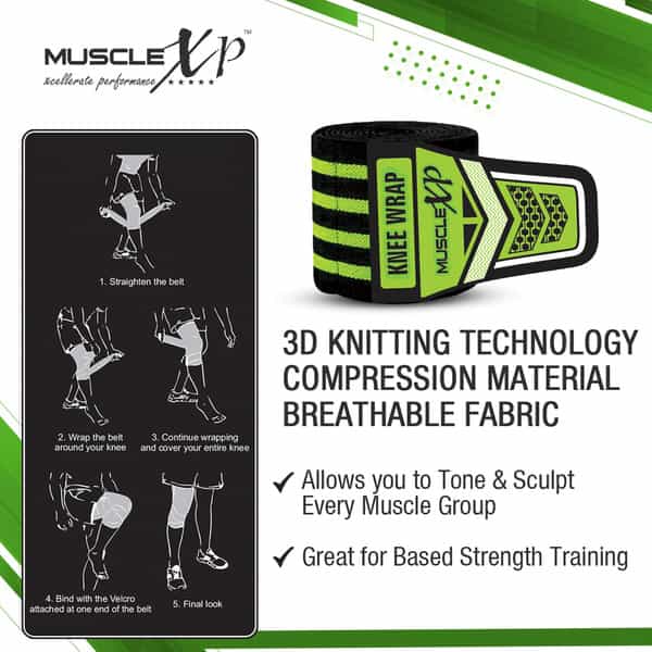 Musclexp Drfitness+ Knee Wraps For Cross Training Lightweight & Comfortable (Black & Green) 1 Pair