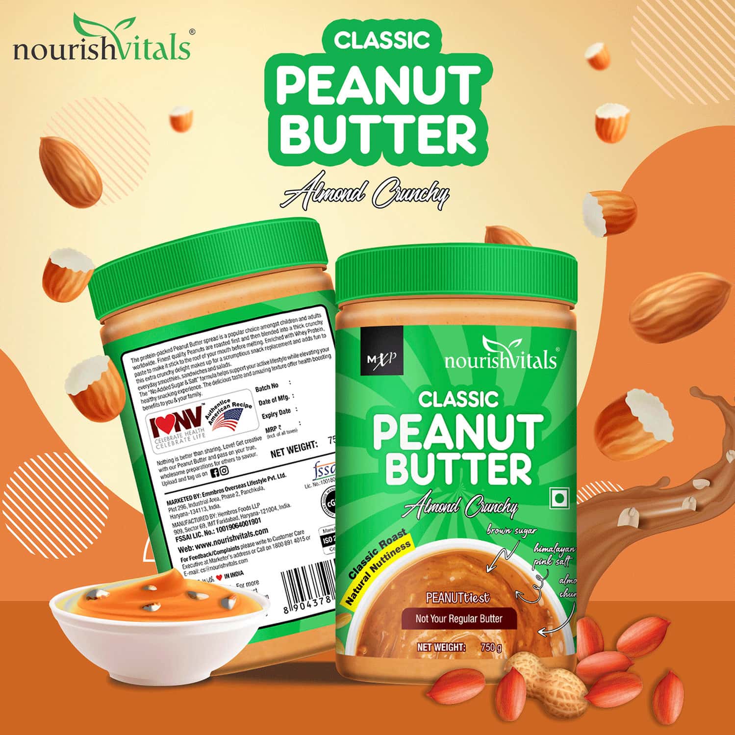 Buy NOURISHVITALS CLASSIC PEANUT BUTTER (ALMONDS WITH ROASTED PEANUTS