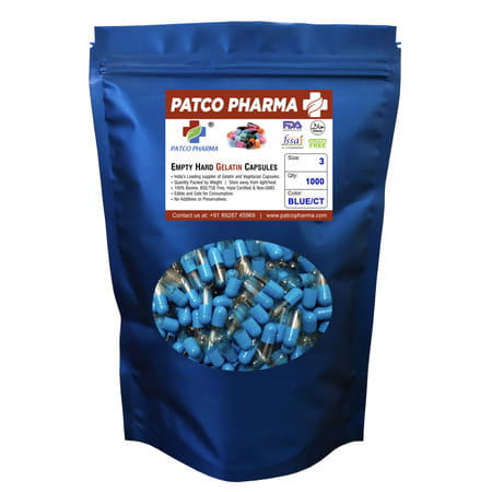 Patco Pharma - Size 3 Blue/Ct Empty Gelatin Pill Capsule | Diy Powder Filling (Pack Of 1000)