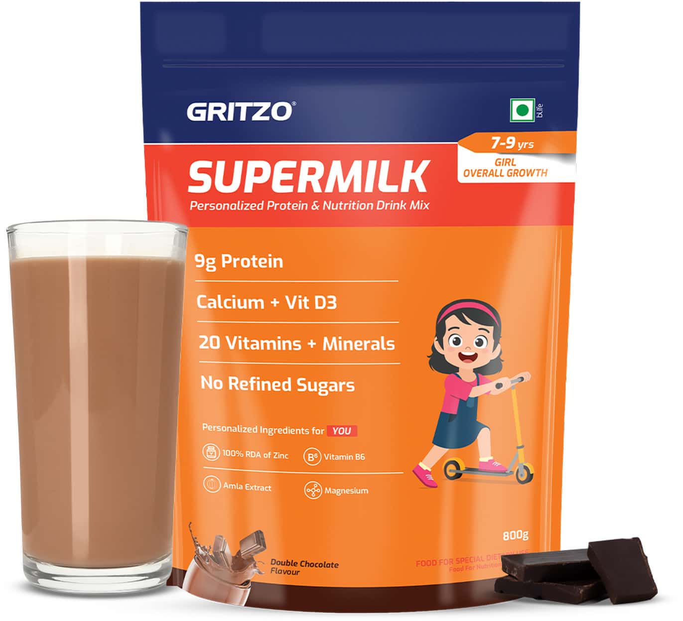 Gritzo Supermilk Overall Growth (7-9y Girls) | 9g Protein Powder (double Chocolate | 800g)