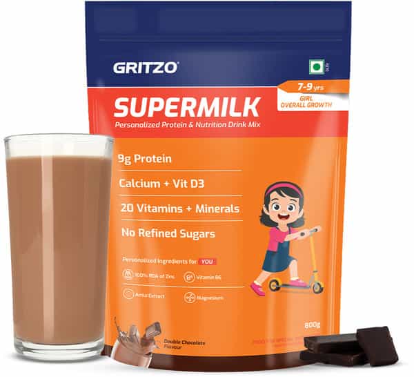 Gritzo Supermilk Overall Growth (7-9Y Girls) | 9G Protein Powder (Double Chocolate | 800G)