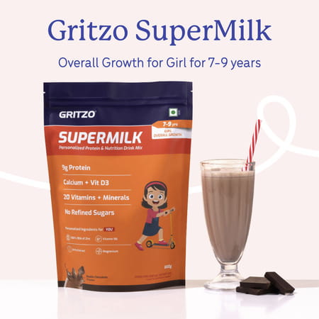 Gritzo Supermilk Overall Growth (7-9y Girls) | 9g Protein Powder (Double Chocolate | 800g)