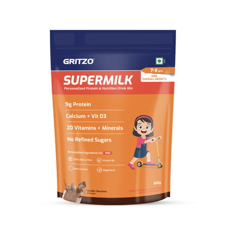 Gritzo Supermilk Overall Growth (7-9y Girls) | 9g Protein Powder (Double Chocolate | 800g)
