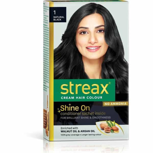 Streax Permanent Hair Colour|100 % Grey Coverage, Long Lasting Cream, 1 Natural Black|120Ml, 2 Packs