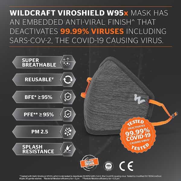 Wildcraft Viroshield W95x Face Mask Anti-Viral Anti-Bacterial Anti-Pollution- Size M (Grey Melange)