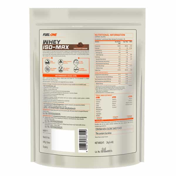 Fuel One Whey Iso-Max, Whey Protein Isolate, 28G Protein (Chocolate, 2Kg / 4.4Lb), No Added Sugars