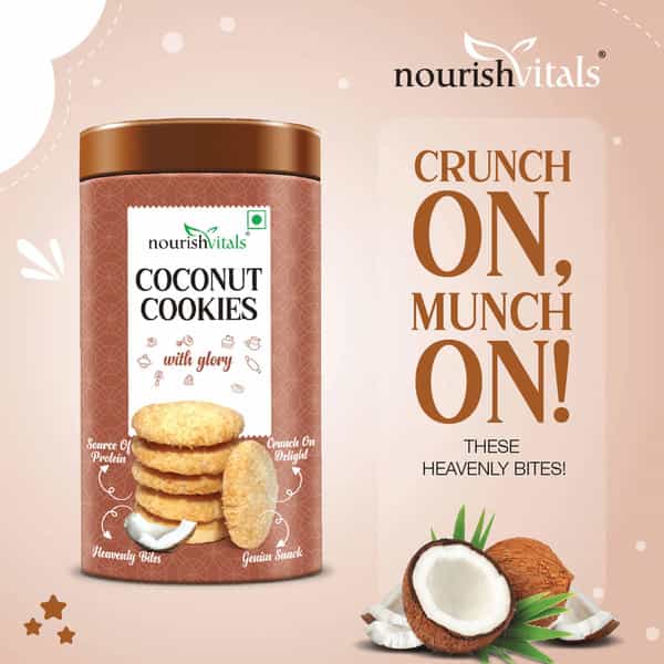 Nourishvitals Cocount Cookies Heavenly Bites Source Of Protein Crunchy Delights Genius Snack 120G