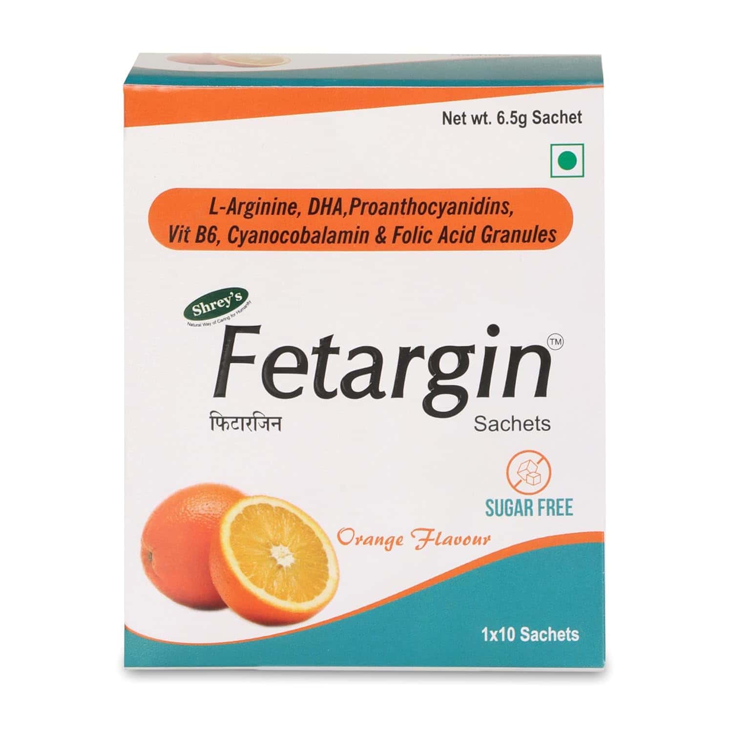 Shrey's Fetargin | L-arginine Dha Folic Acid | Vit B6 & B12 (methylcobalamin) | Orange | 10 Sachets