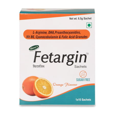 Shrey'S Fetargin | L-Arginine Dha Folic Acid | Vit B6 & B12 (Methylcobalamin) | Orange | 10 Sachets