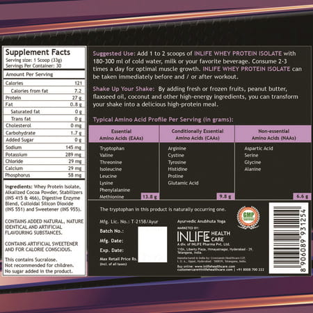 Inlife 100% Isolate Whey Protein Powder Supplement 27 Grams Protein Per Serving (Chocolate 1kg)
