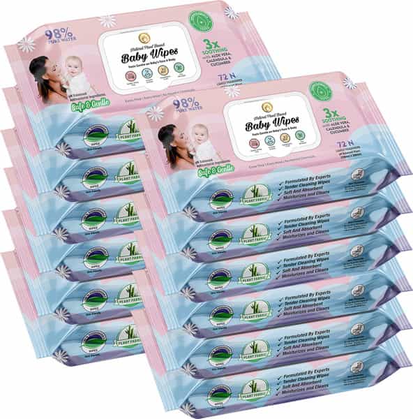 Mom & World Natural 98% Pure Water Baby Wipes 3X Soothing With Aloe Vera Ph Balanced 72 N Wipes X12