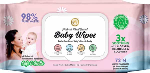 Mom & World Natural 98% Pure Water Baby Wipes 3X Soothing With Aloe Vera Ph Balanced 72 N Wipes X12