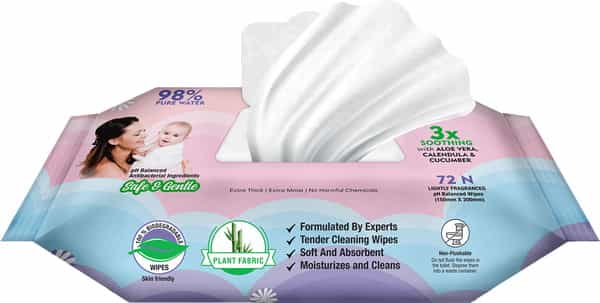 Mom & World Natural 98% Pure Water Baby Wipes 3X Soothing With Aloe Vera Ph Balanced 72 N Wipes X12