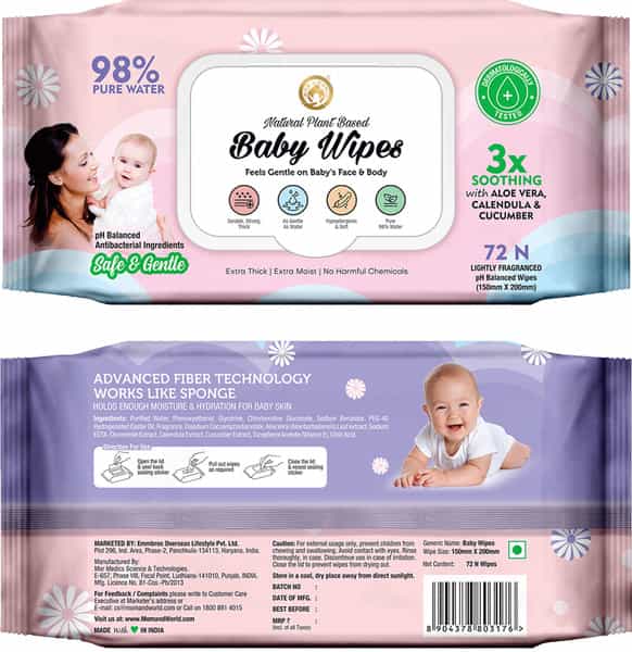 Mom & World Natural 98% Pure Water Baby Wipes 3X Soothing With Aloe Vera Ph Balanced 72 N Wipes X12