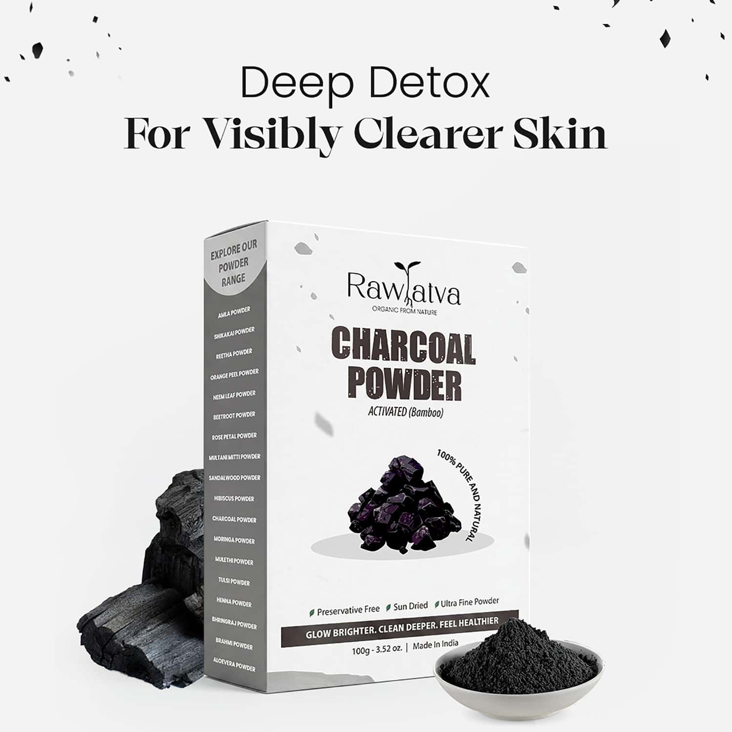 Raw Tatva Activated Bamboo Charcoal Powder | Deep Detox & Pore Cleansing | All Skin Types | 100g