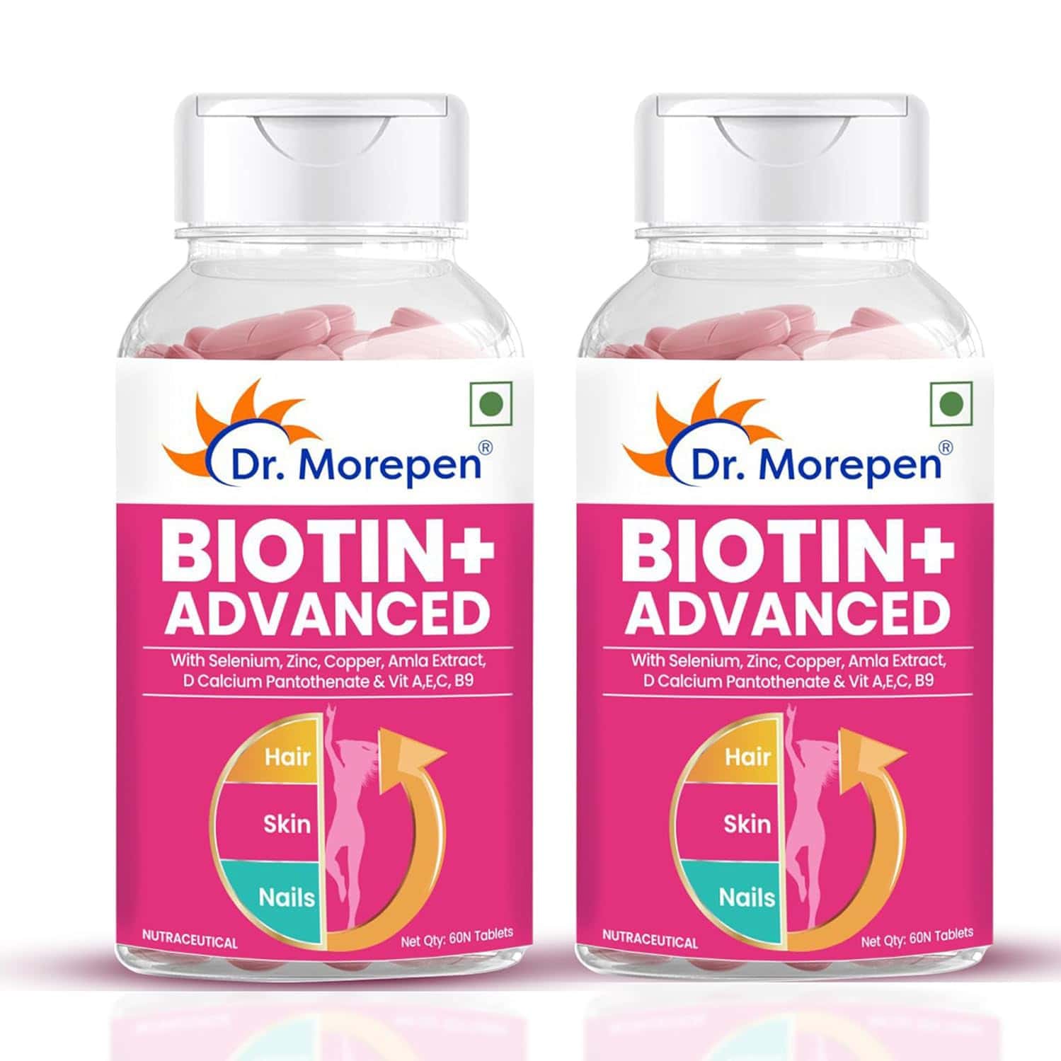 Dr. Morepen Biotin+ Advanced | For Hair Skin & Nails | Veg Tablets | 60 No's | Pack Of 2