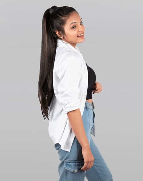 Streak Street Straight Dark Brown Ponytail With Golden Highlights