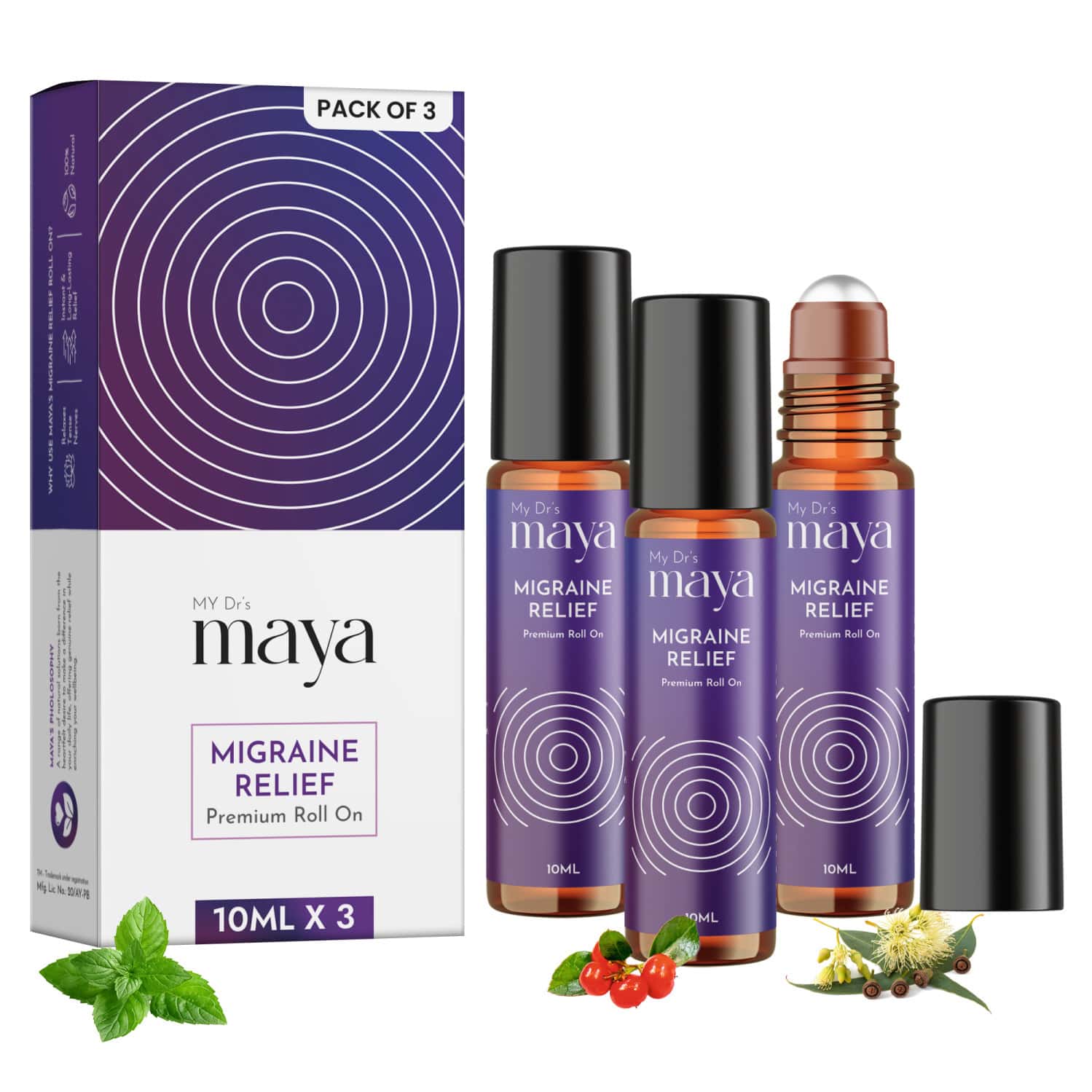 Maya Aromatherapy Migraine Relief Premium Roll On 100% Pure Essential Oils Reduces Migrain Pack Of 3