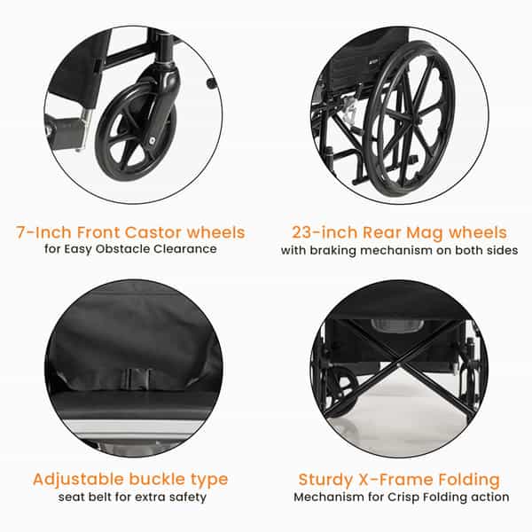 Arcatron Mobility 2In1 Foldable Wheelchair For Regular & Commode Use|Sturdy X-Frame, Rear Mag Wheels