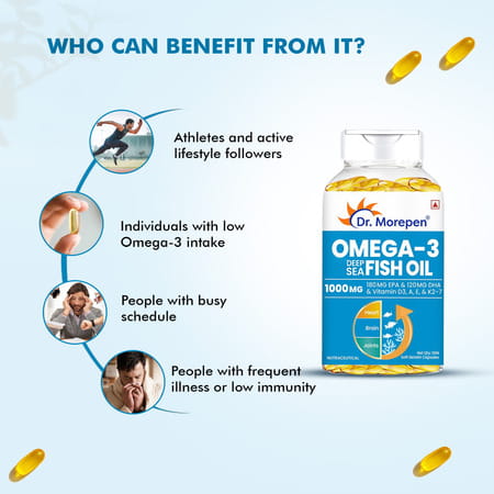 Dr. Morepen Omega 3 Deep Sea Fish Oil With 300 Mg Dha | & Vitamin A | D3 | E & K27|60 Softgel