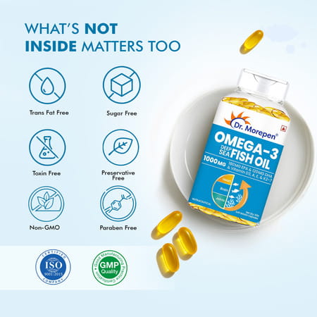 Dr. Morepen Omega 3 Deep Sea Fish Oil With 300 Mg Dha | & Vitamin A | D3 | E & K27|60 Softgel